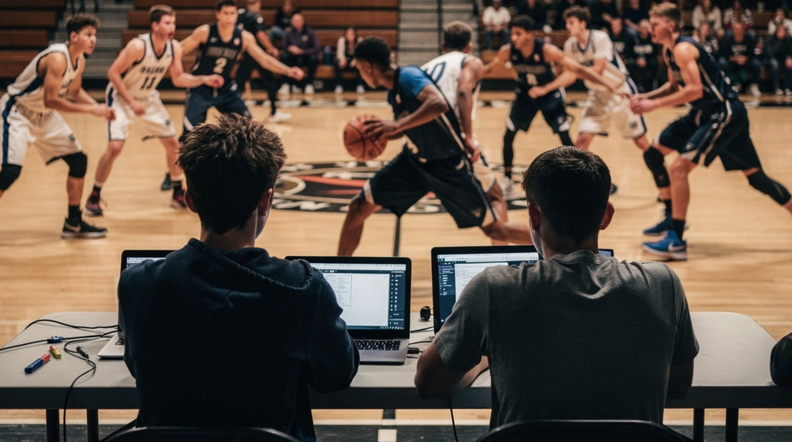 Two scorekeepers working the same basketball game side by side on separate laptops