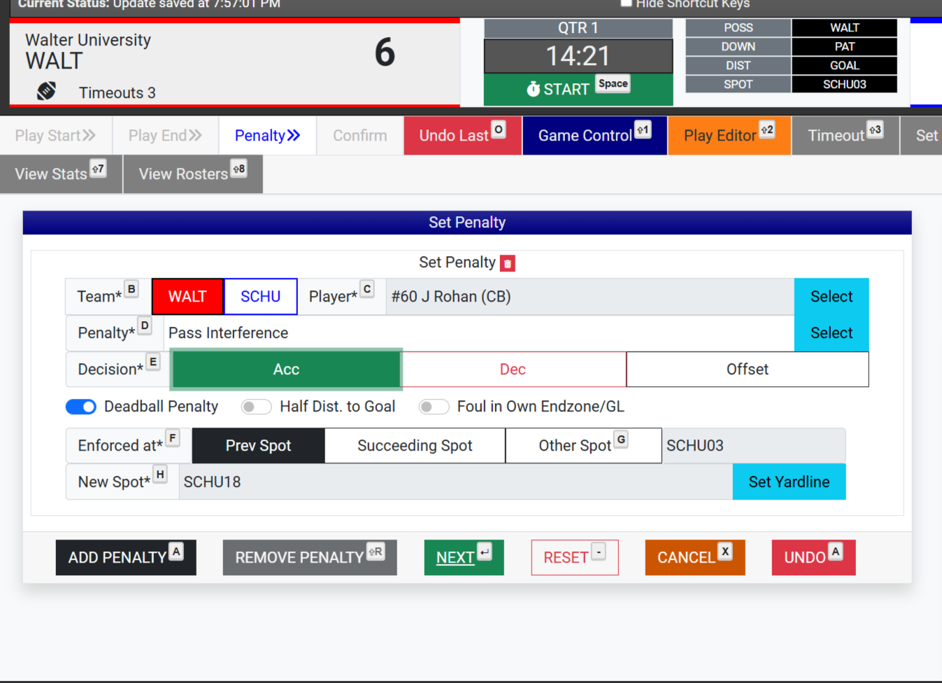 Football penalty entry screen