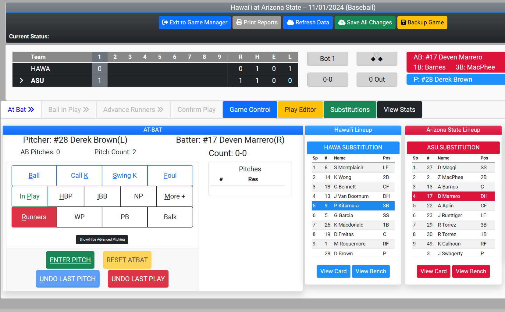 Baseball at-bat entry screen with pitch and lineup tracking