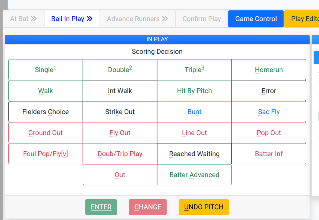 Baseball ball-in-play scoring decision screen